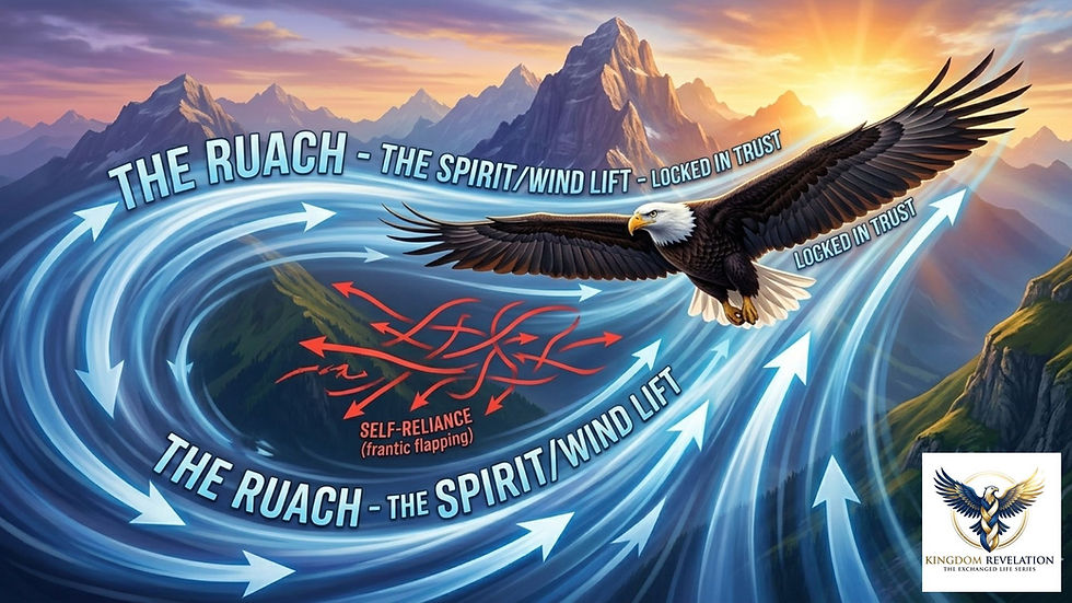 Eagle soaring over mountains with swirling blue arrows labeled "The Ruach - The Spirit/Wind Lift." Text: "Locked in Trust," "Self-Reliance."
