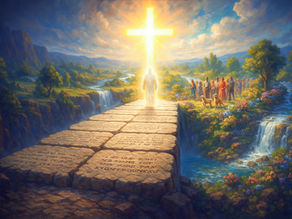 A glowing figure stands on a stone path with inscriptions, leading to a radiant cross. People and dogs watch near waterfalls and vibrant flowers.