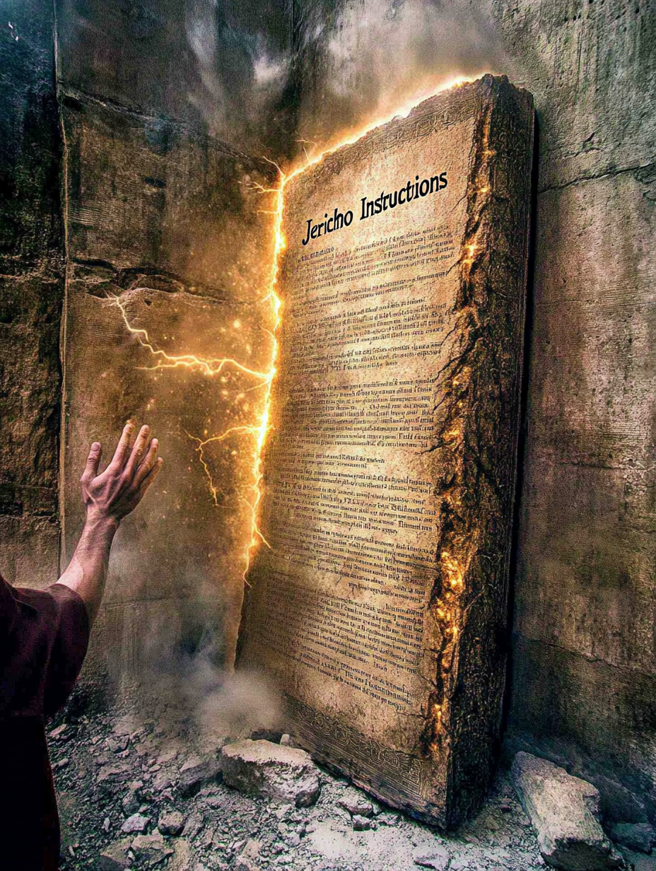 A hand reaches toward a glowing stone tablet titled "Jericho Instructions," emitting sparks in a dim, rocky setting.