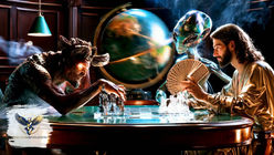 a demon, an alien, and Jesus playing chess and Jesus holding the entire deck of cards; world globe in baclground