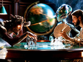 a demon, an alien, and Jesus playing chess and Jesus holding the entire deck of cards; world globe in baclground