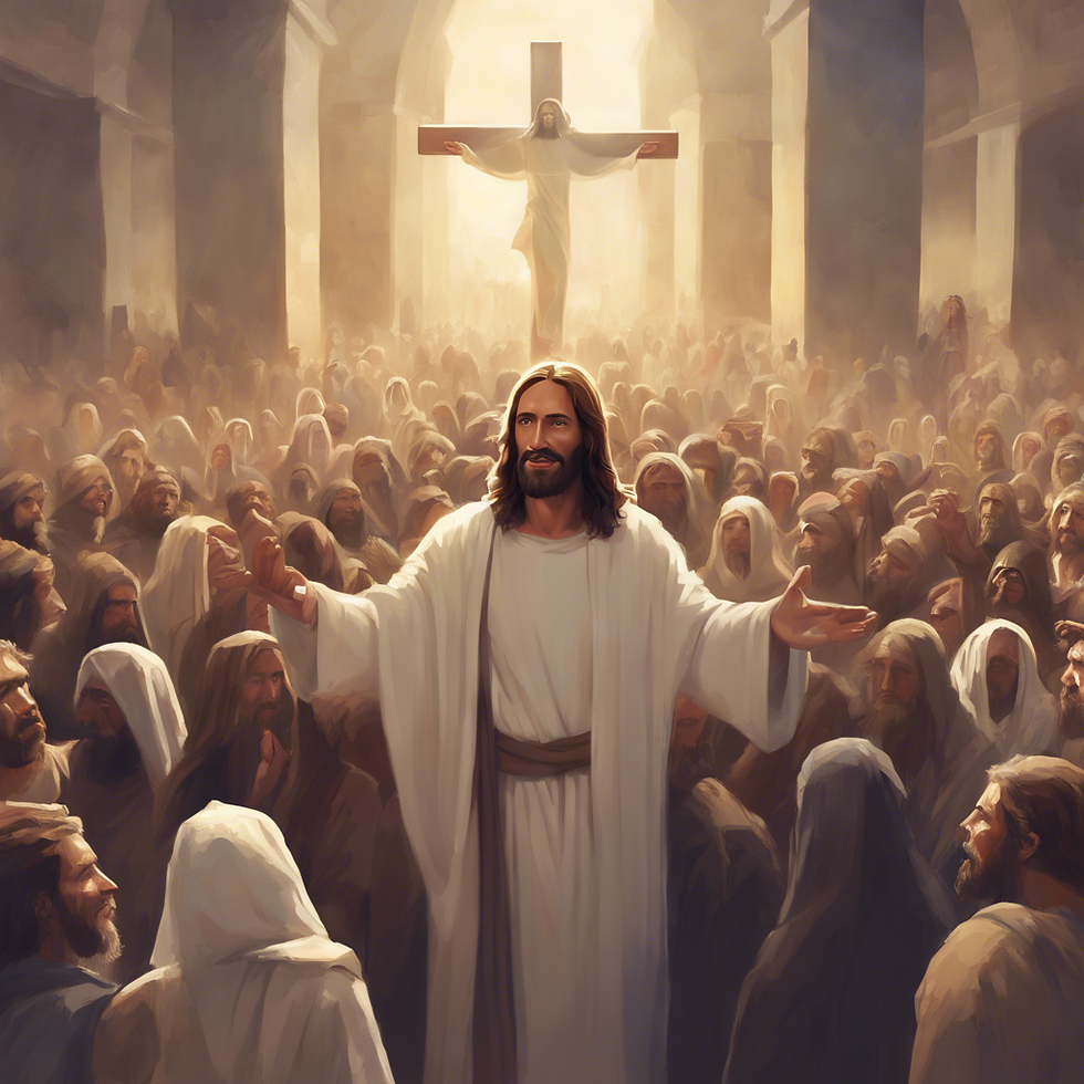 Jesus speaking to a crowd of people.