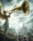 An angel with golden wings blows a large trumpet over a cityscape, as people below gaze in awe. The sky is cloudy and dramatic.