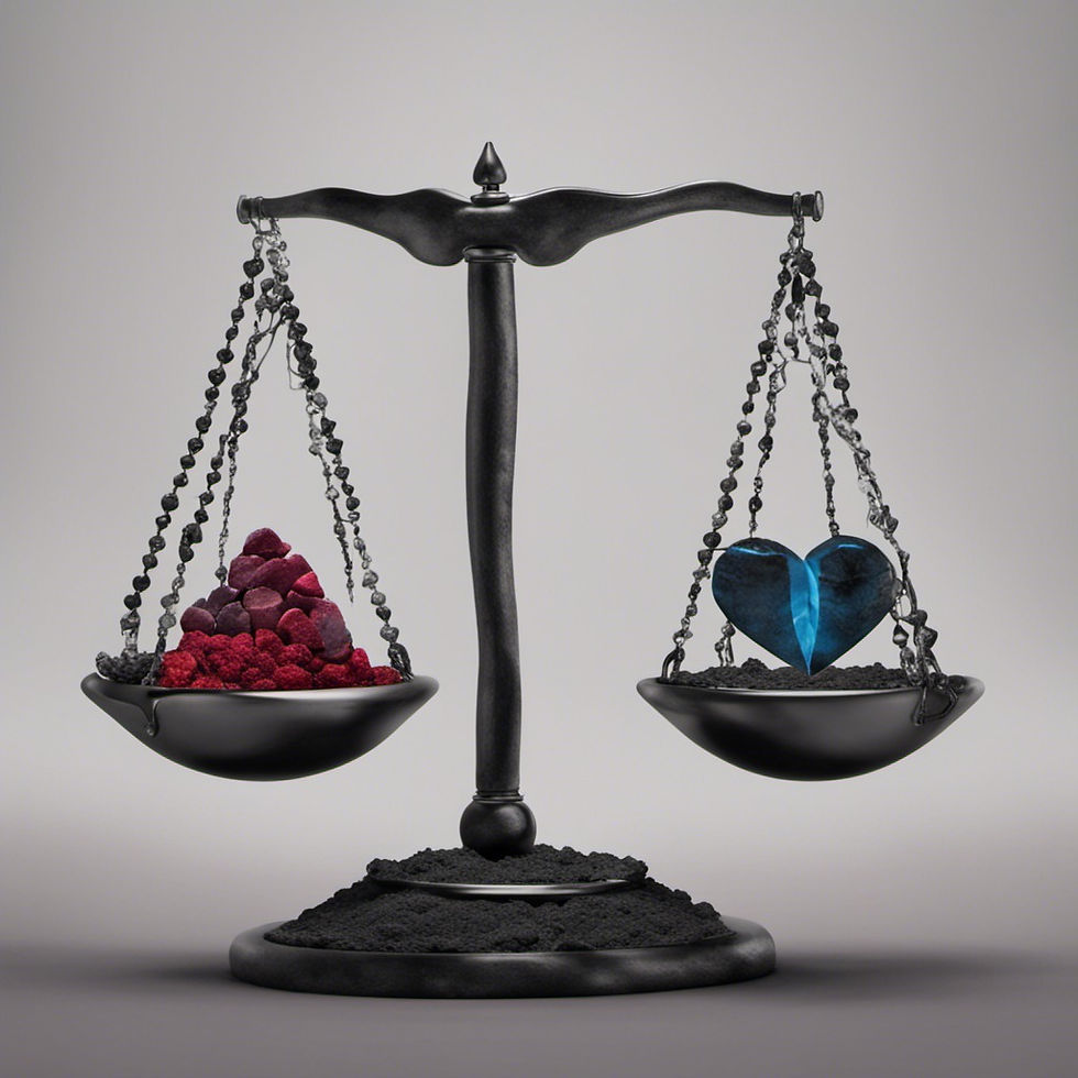 Weighted balance with coal and love, two contrasting emotions.