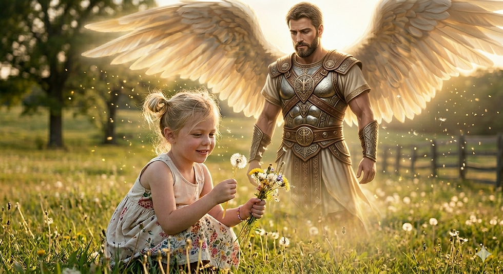Girl in a field holding flowers, smiling. Winged warrior in armor stands beside her. Soft light and dandelions create a serene mood.