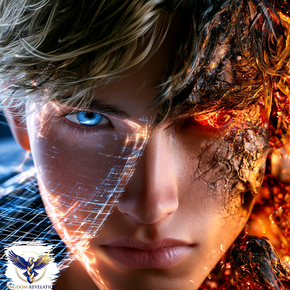 Half-human, half-cyborg face with blue and fiery eyes. Digital, cracked textures contrast on either side, conveying a futuristic and intense mood.
