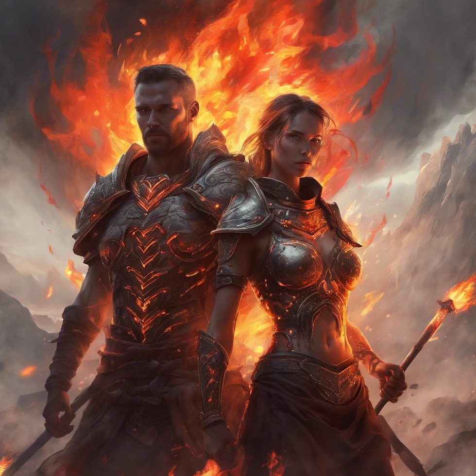 Man and woman warrior with a burning fire inside leading them