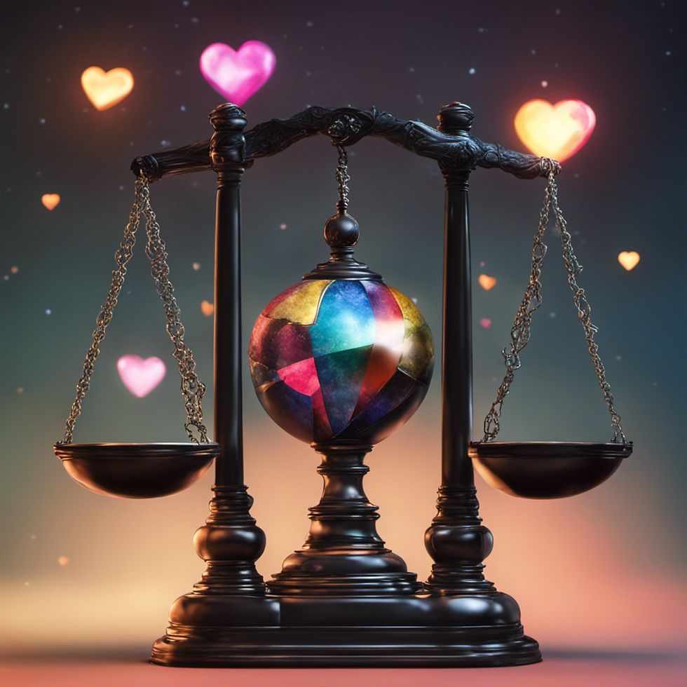 Weighted balance with hearts floatinf all around. Multi-colored.