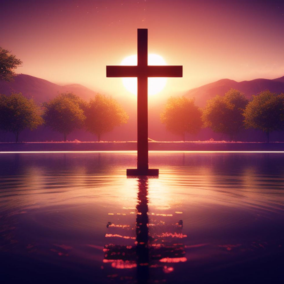 Cross in the middle of a calm water with the sun setting behind it; mountains in the distance surrounded by trees