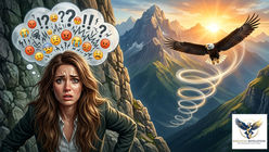 Woman sweating on mountain, thought bubble with angry emojis above her, eagle soaring in sunset. "Kingdom Revelation" logo at bottom right.