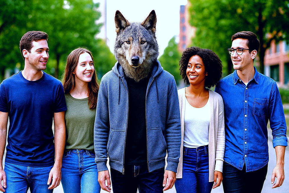 Five people walking outdoors, one with a wolf head. They're wearing casual clothes and smiling. Green trees in the background.