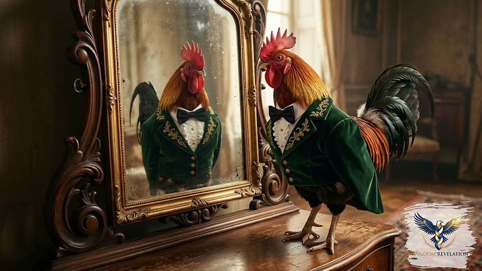 Rooster in a green velvet suit with gold embroidery looks at its reflection in an ornate mirror. Elegant room setting, regal mood.