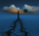 A solitary figure stands on cracked earth under moody skies. Birds fly near a distant tree, with vivid blue and orange hues in the background.