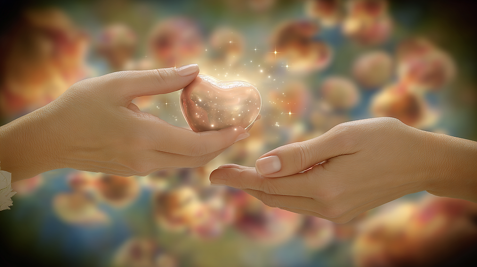 Two hands exchange a glowing, golden heart against a soft, blurred background of colorful shapes. The mood is warm and magical.