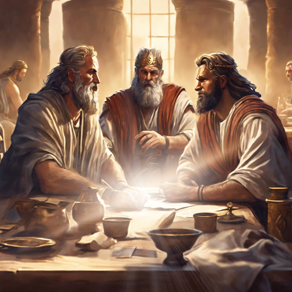 Moses, King Saul and King David sitting at a table.