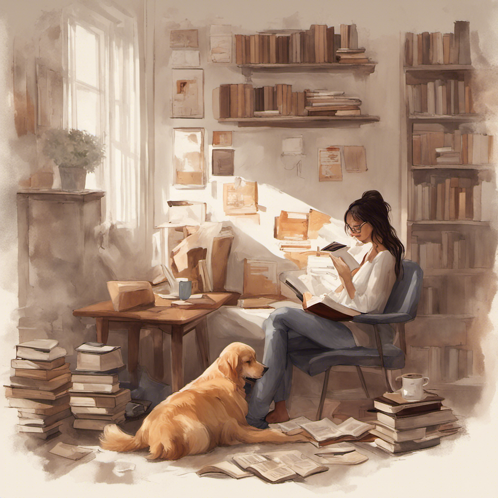 Woman sitting in a chair near a window, casual day, with her dog at her feet, coffee in hand, books everywhere.