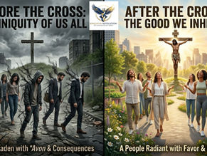 People walk under a gloomy sky with cracks and sorrow, then joyfully in a bright garden. Text: "Before the Cross" and "After the Cross."