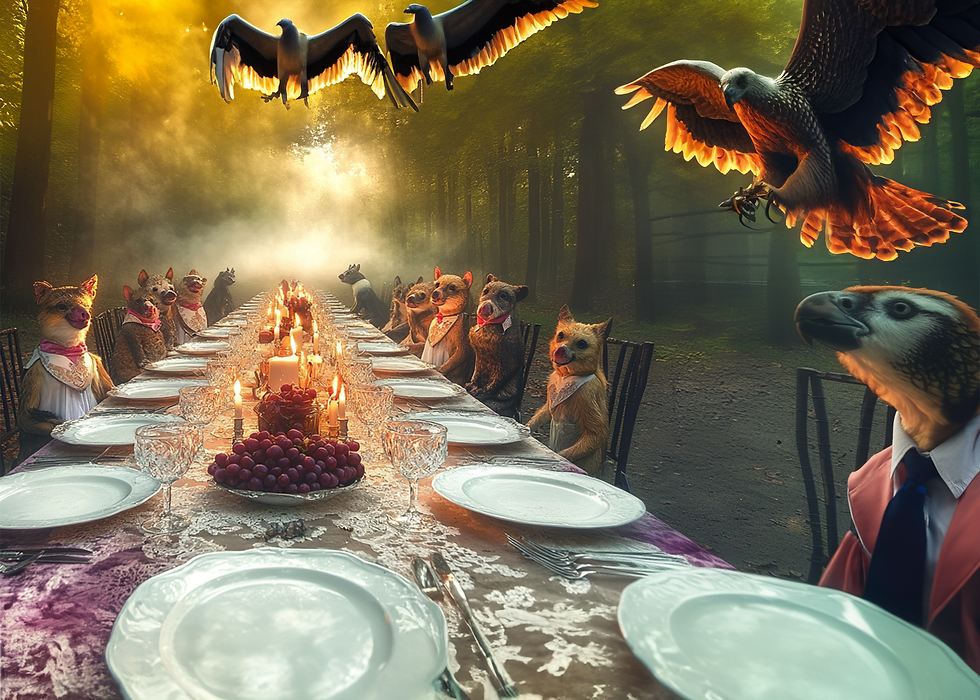 Animals sitting t a banquet table prepared to eat a feast.