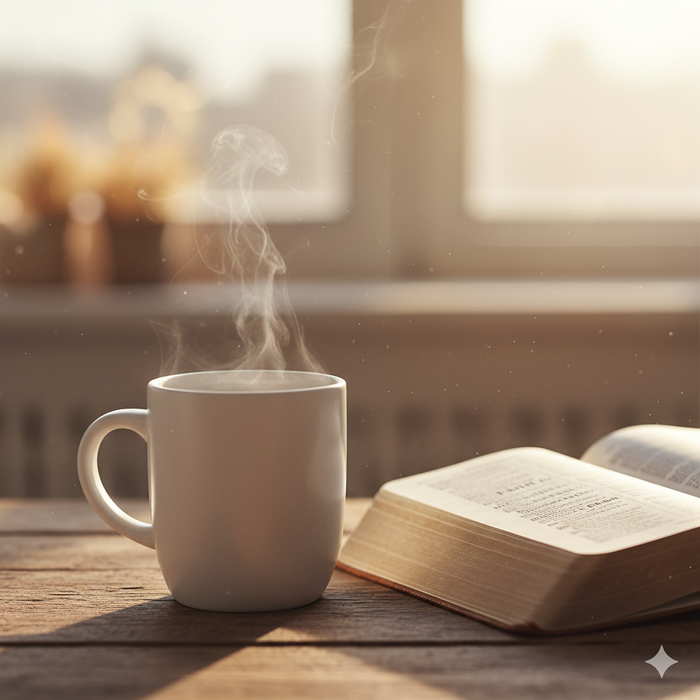 Steaming white mug and open book on a wooden table, bathed in warm sunlight near a window. Cozy and serene morning mood.