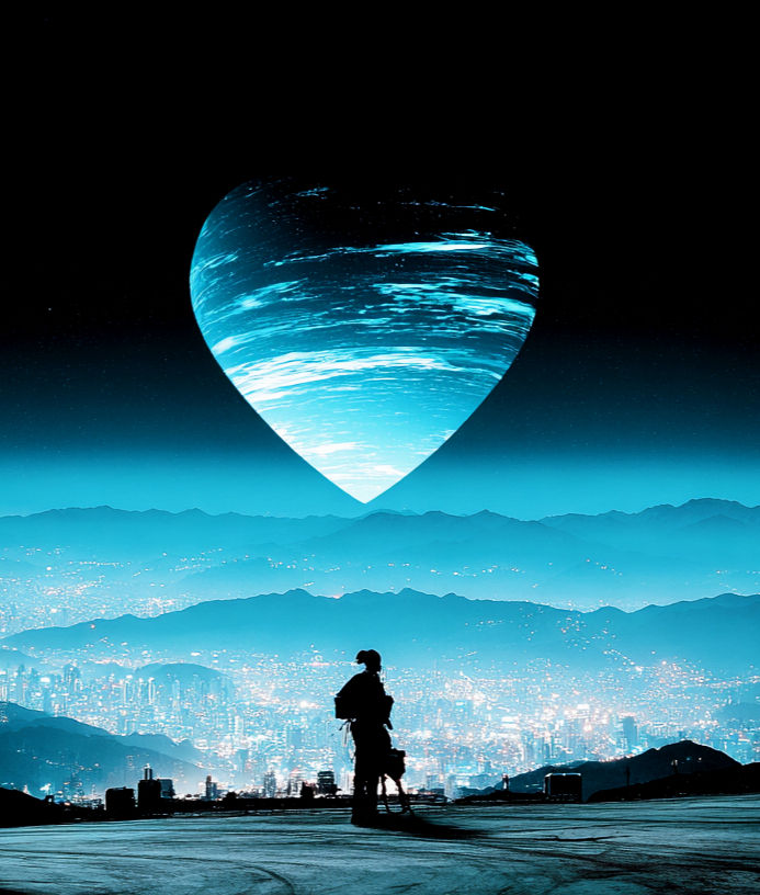 Silhouette of a person and dog on a cliffside, gazing at a heart-shaped planet in a blue-lit night sky over a glowing cityscape. Dreamy mood.