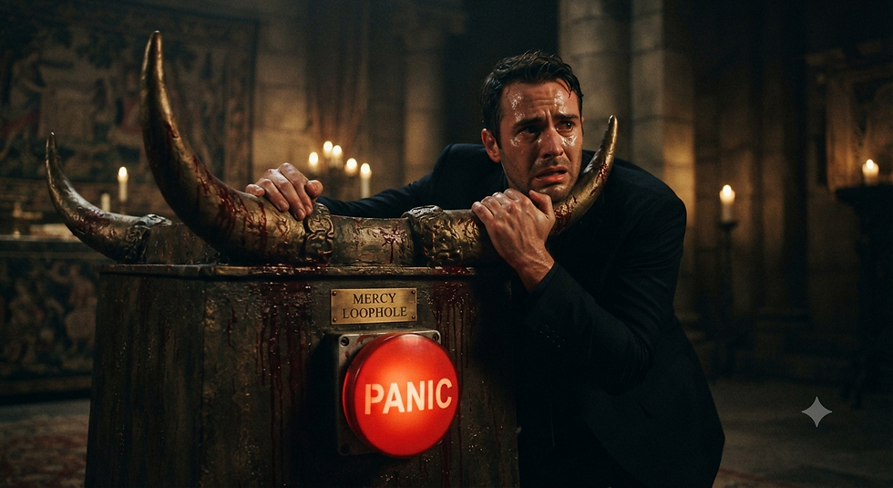 A desperate man in a modern suit clutching the ancient bronze horns of a bloody biblical altar featuring a glowing red panic button. Seeking a safe haven or just a place to hide? The ancient "horns of the altar" story warns against using God's mercy as a modern spiritual panic button.