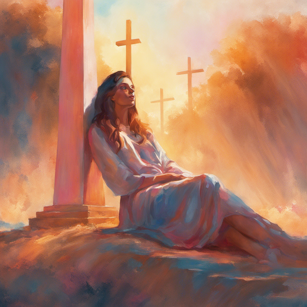 Woman leaning against a cross, laying her life down. Multiple crosses in background.