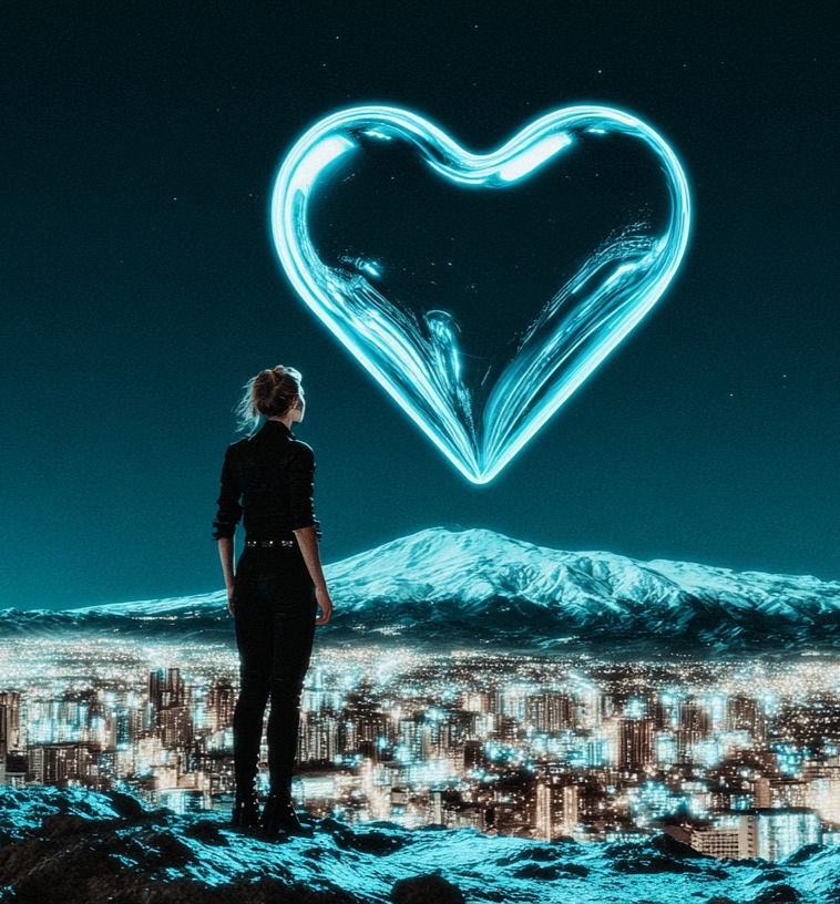 A person looks at a glowing heart in the night sky above a lit city with mountains in the background, creating a futuristic, serene mood.
