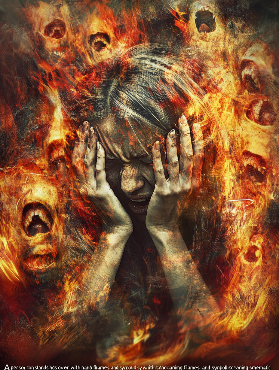 A person grips their head in distress, surrounded by fiery flames and screaming faces, creating a chaotic and intense atmosphere.