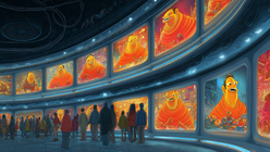 People observe screens displaying vibrant orange characters in a futuristic setting. The mood is curious and immersive.