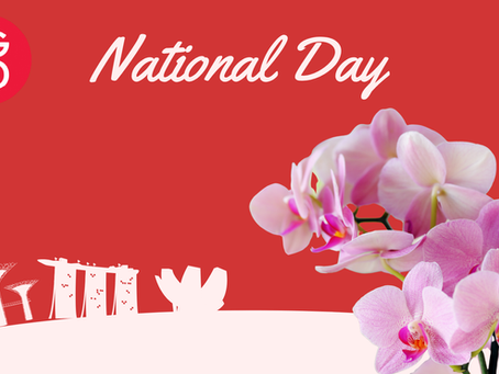 Bright red background with decorative pink flowers and the words "National Day" artistically arranged.