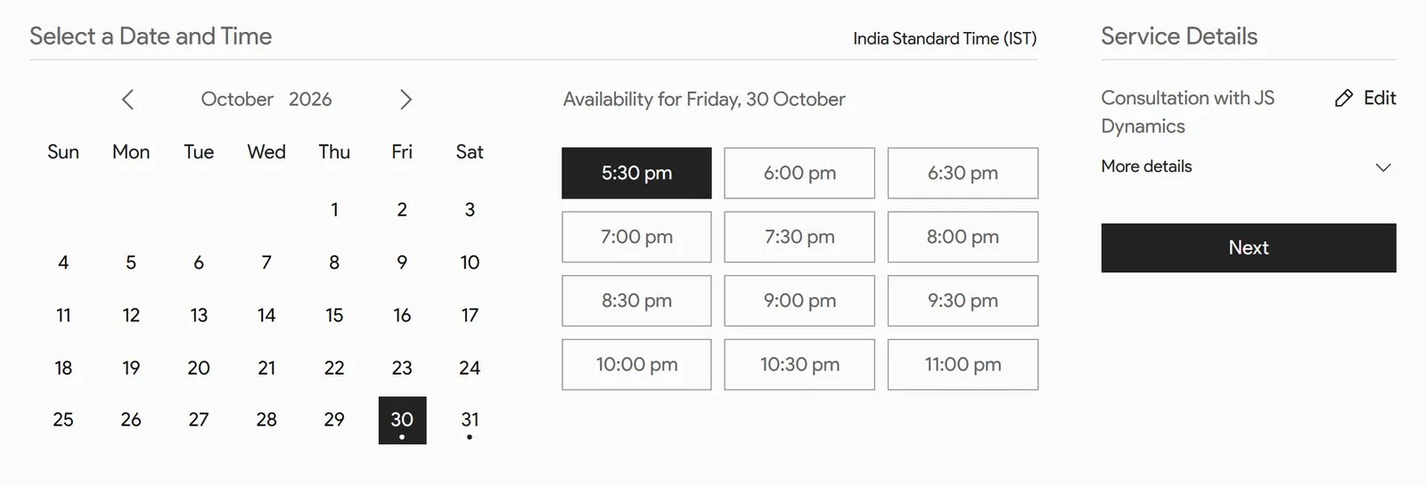 Enquiring is one step away: visitors pick a time for a 30-minute consultation.