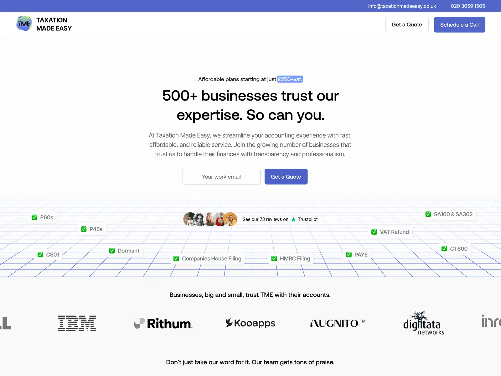 The redesign leads with trust and a quote request; pricing is a small note above the headline.