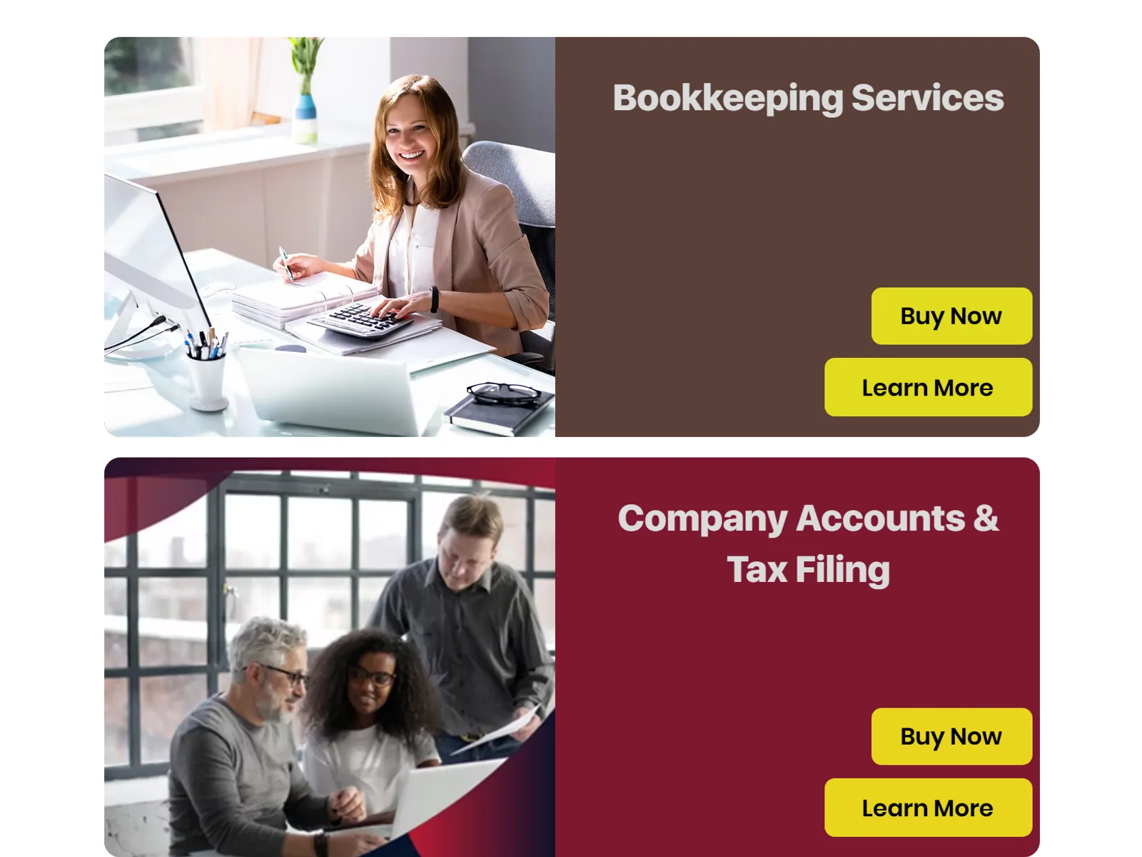 Old service cards: a stock photo, a name and a Buy Now button.