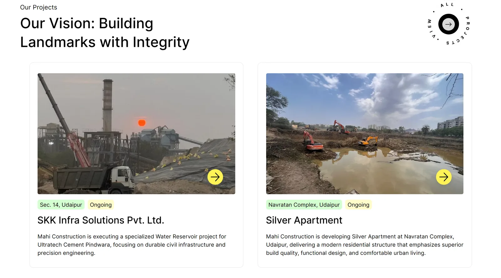 Mahi Enterprises: Real projects, each with its location, status and a short description of the work.