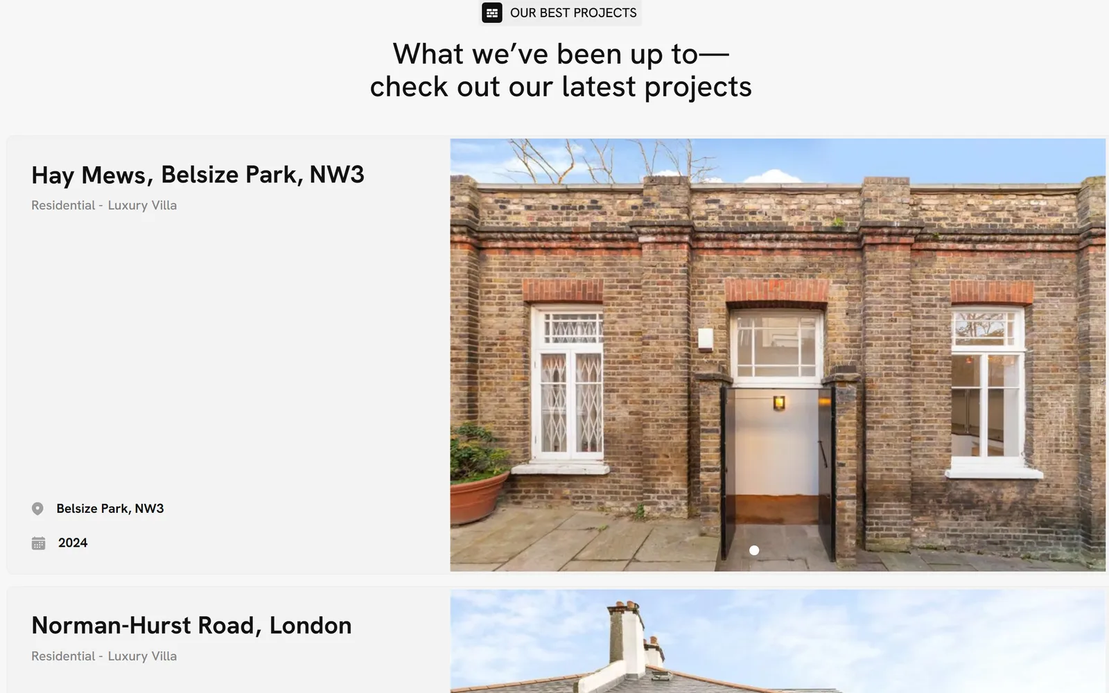 Recent projects get room to breathe: full-width photography with the location and year alongside.