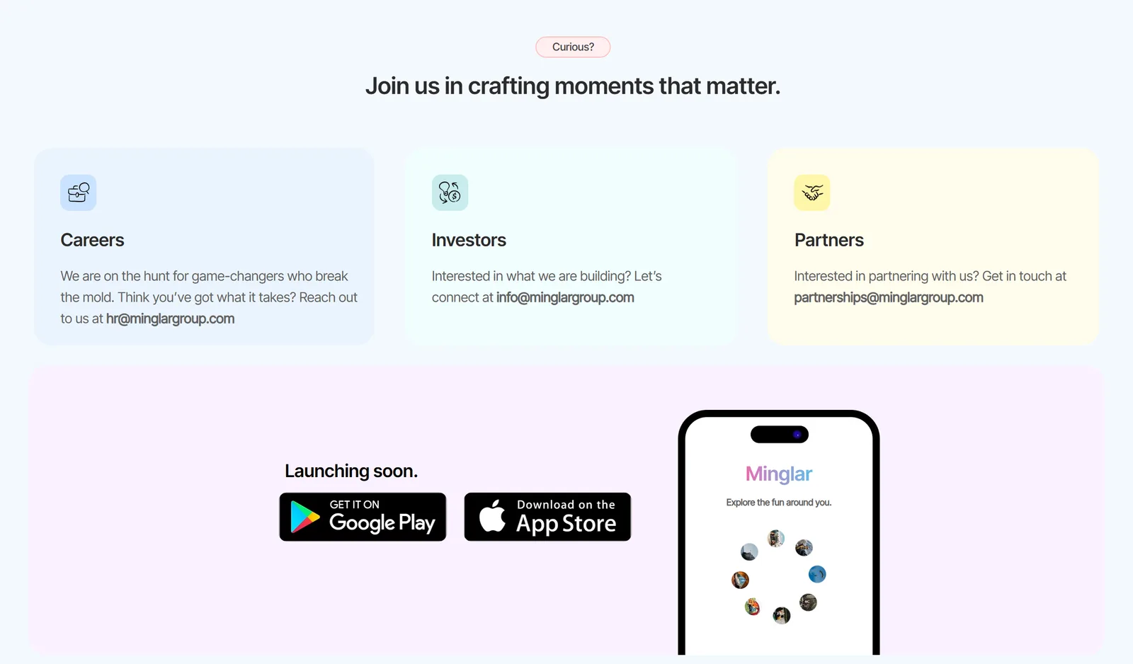 The page closes with clear routes for careers, investors and partners, and a launching-soon app banner.