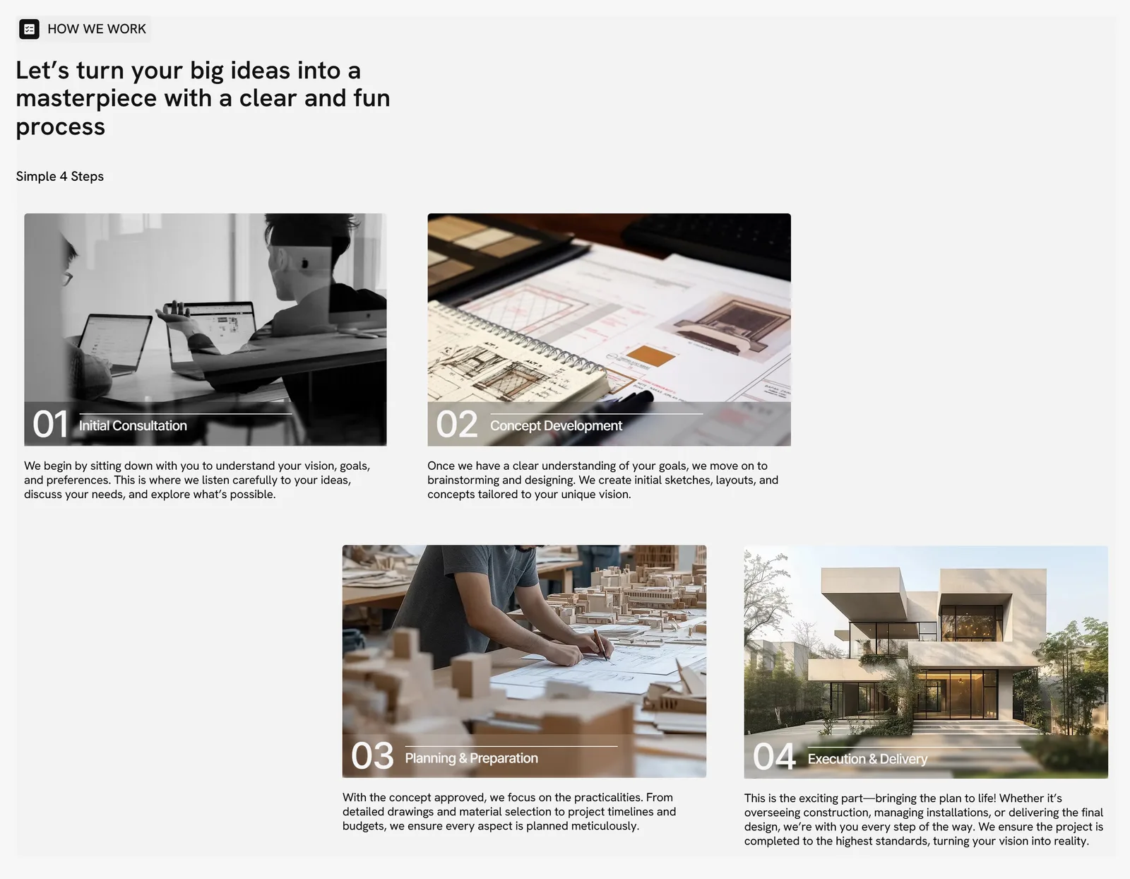 A four-step process section, so visitors can see what working together looks like.