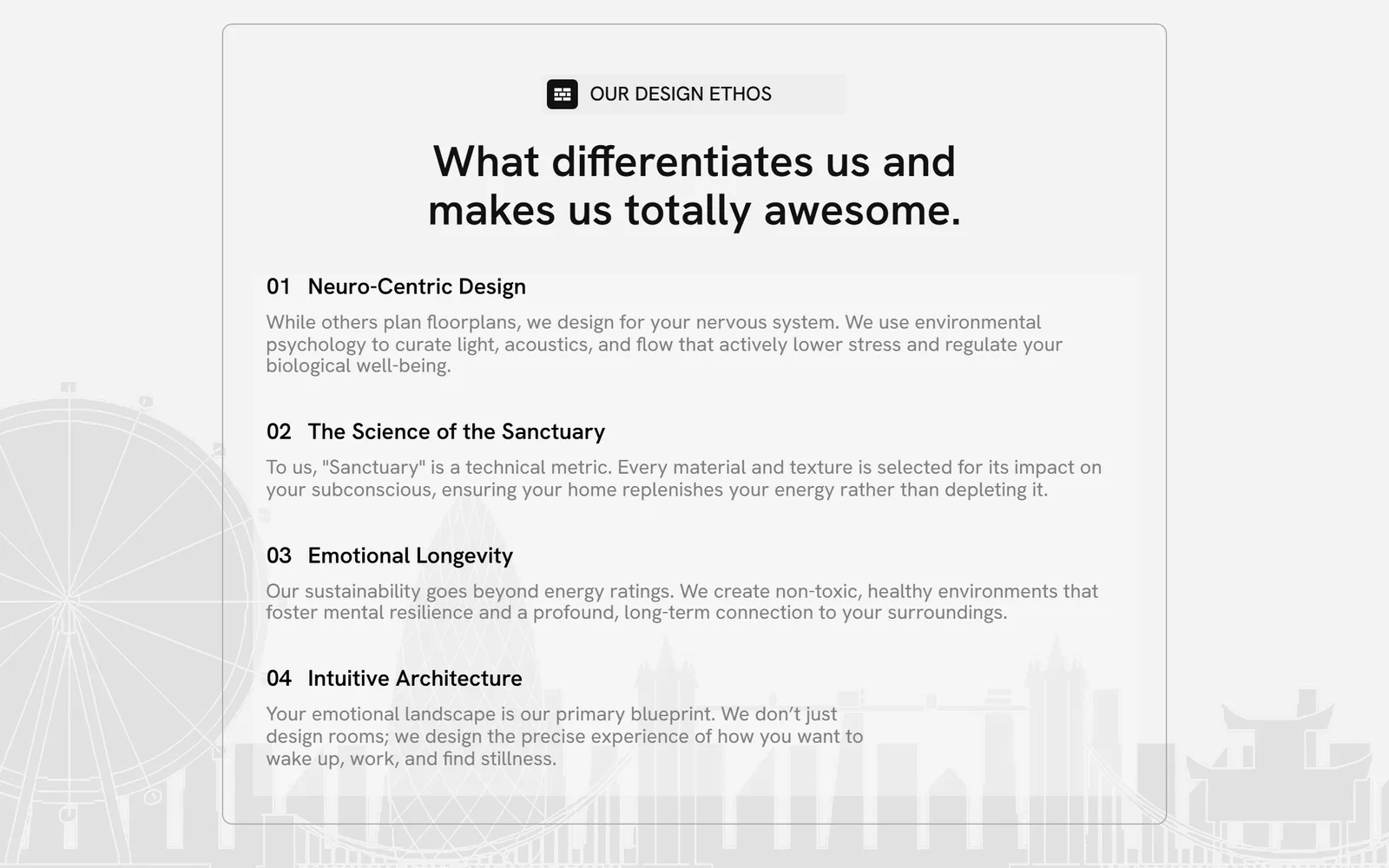 The design ethos, set out as four clear principles instead of a wall of text.