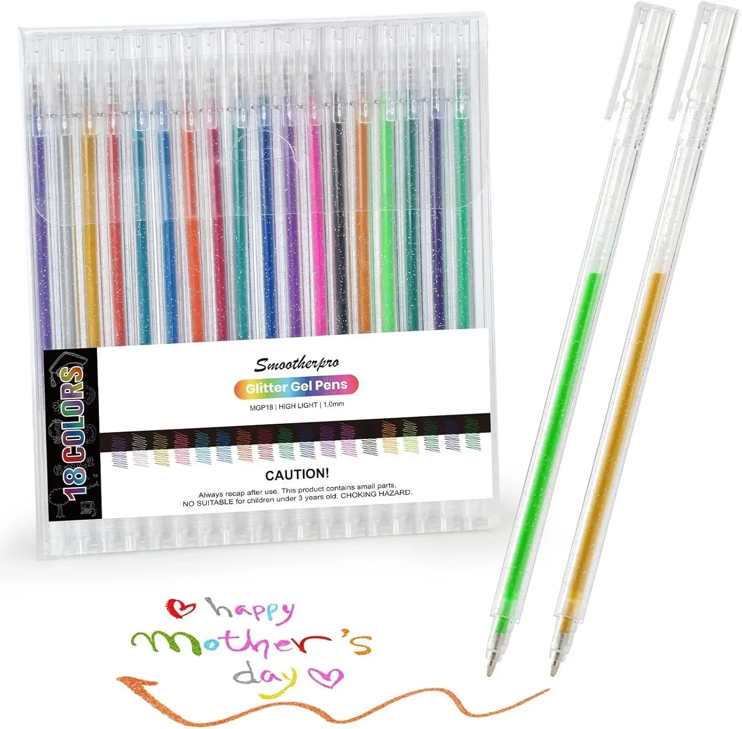 Metallic Gel Pens Set of 18  Glitter 1.0mm Tip for Coloring, Journaling & Craft