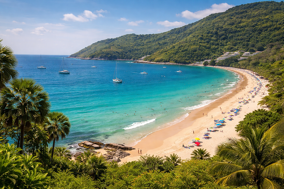 Nai Harn Beach with turquoise water and surrounding hills in Phuket