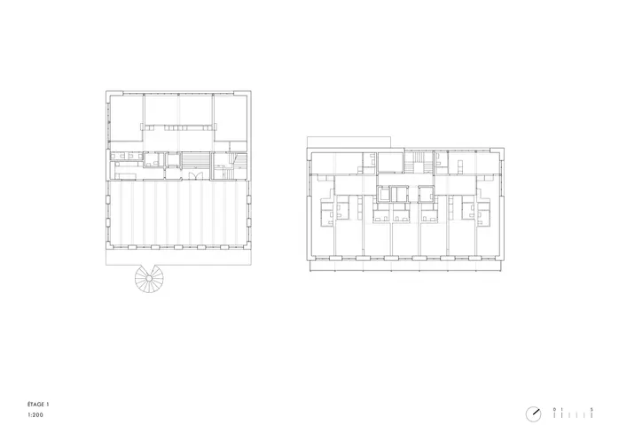 吉塔纳港湖岸酒店与市民中心:一层平面图显示公共办公空间与酒店客房分别布置在两座坡顶体量中
Port Gitana: The first-floor plan shows civic workspaces and hotel rooms arranged within the two pitched volumes