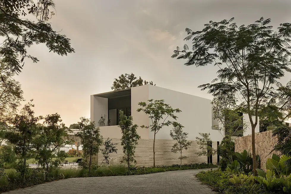 白色建筑体量在树木与车道之间保持克制的远景姿态。
A restrained white volume sits among trees and driveway, introducing the house from a measured distance.
© Luis Garvan
