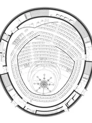 La Source Vive音乐厅平面图,平面图呈现椭圆观众席围绕舞台展开,并通过外围环廊连接门厅、后台与辅助空间
La Source Vive concert hall floor plan: The plan arranges oval seating around the stage, with a perimeter route linking foyer, backstage and supp