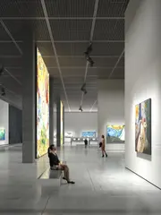 首尔韩华蓬皮杜中心室内图片:展厅以深色天花和中性墙面控制光线,使作品成为空间焦点,同时保留清晰、可变的参观路径。
Centre Pompidou Hanwha Seoul interior: A dark ceiling and neutral walls control light in the gallery, keeping the artwork central while preserving a clear and adaptable visitor route.