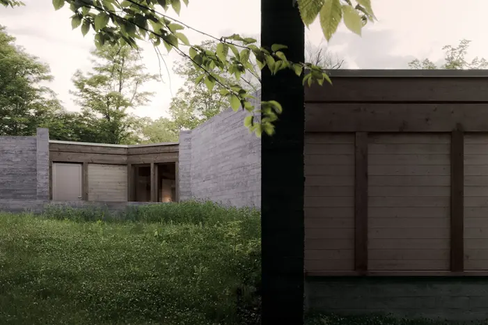 SONO住宅混凝土围墙与木构房间交接
Junction of concrete walls and timber rooms at SONO House