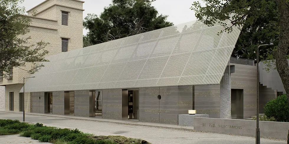 SHIJI COMMONS横石基村公共空间 建筑长立面以混凝土墙体和轻质金属屋面并置 在保留石屋尺度的同时显露当代介入
SHIJI COMMONS in Hengshiji Village, Concrete walls and a lightweight metal roof define the long façade, retaining the scale of the stone houses while making the contemporary intervention legible