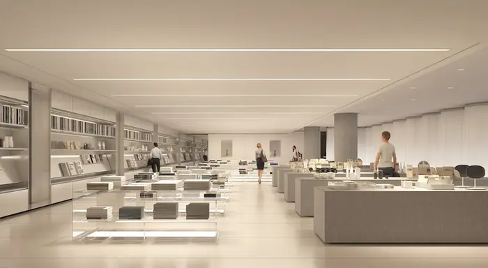 首尔韩华蓬皮杜中心室内图片:艺术商店以连续线性照明、浅色展台和整墙陈列组织开放视野,延续美术馆克制的室内基调。
Centre Pompidou Hanwha Seoul interior: Linear lighting, pale display tables and full-height shelving organise the art shop as an open extension of the museum’s restrained interior palette.