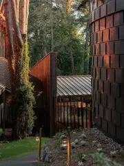 La Source Vive音乐厅近景图片,狭长步道从树木与铜瓦立面之间穿过,入口尺度将观众从开阔林地逐步引向室内
La Source Vive concert hall close exterior: A narrow path passes between mature trees and the copper-tile façade, compressing the transition from ope