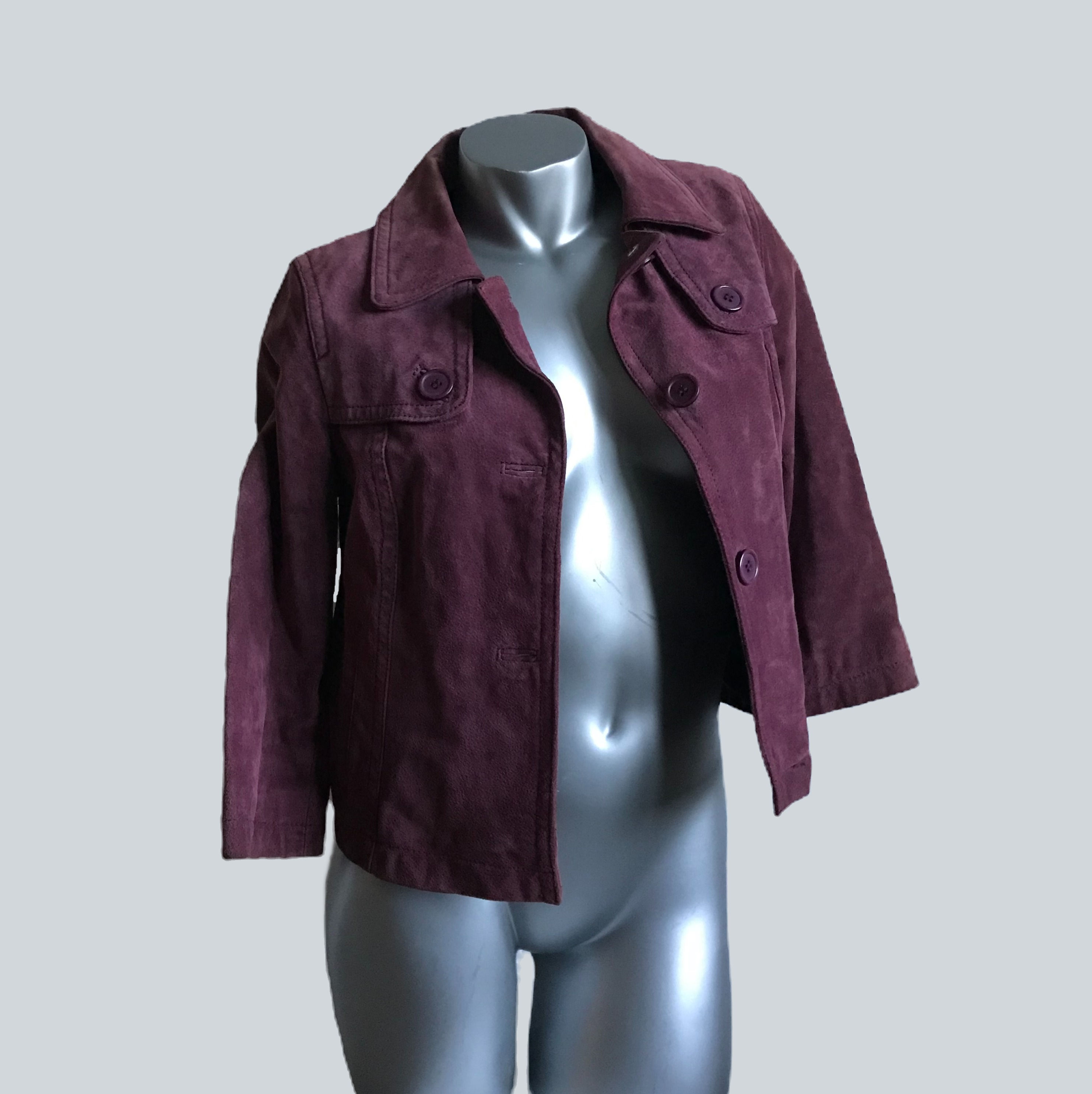 Women's Burgundy Suede Jacket Three Quarter Sleeve