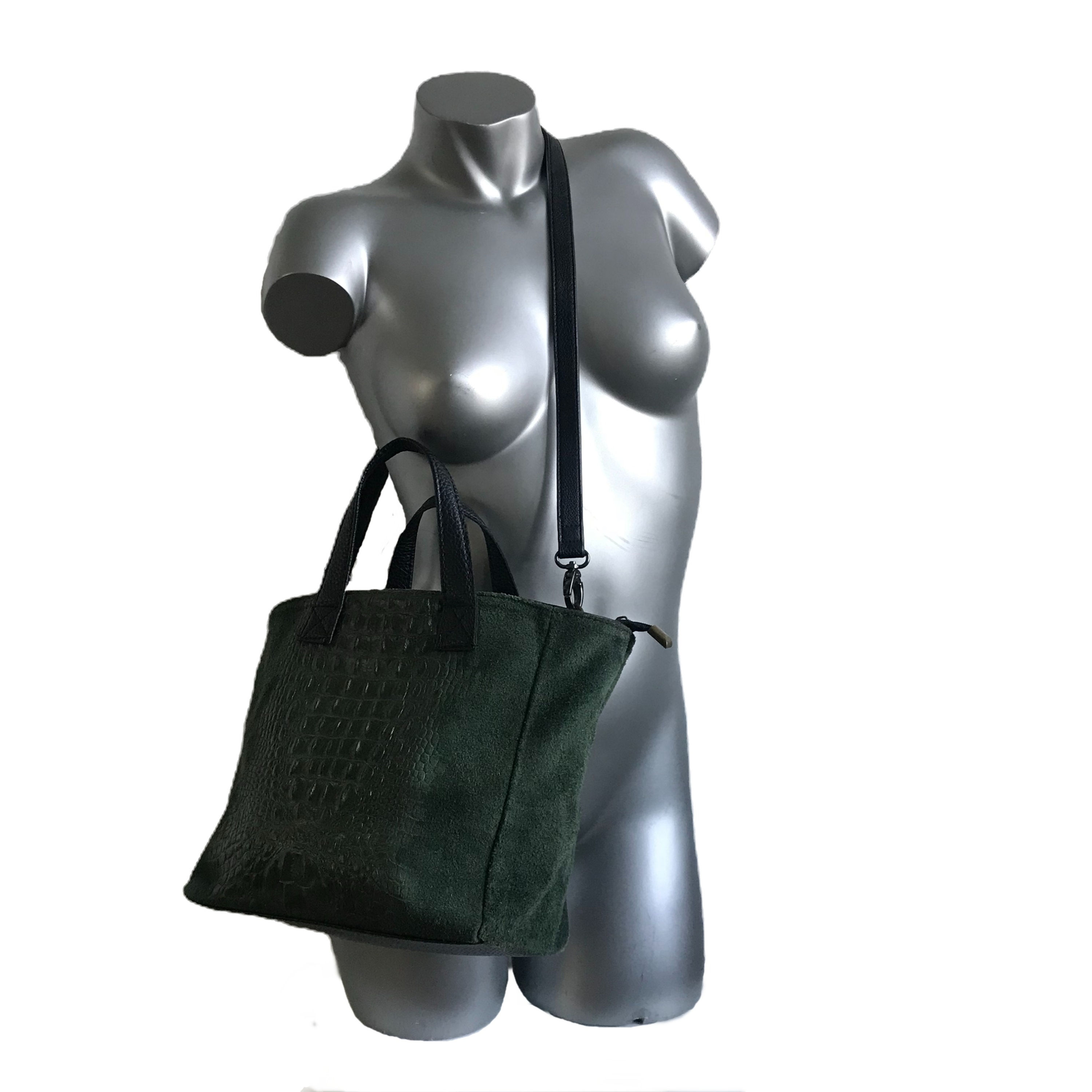 Leather Borse in Pelle Handbag Croc Style Pattern in Deep Emerald Green